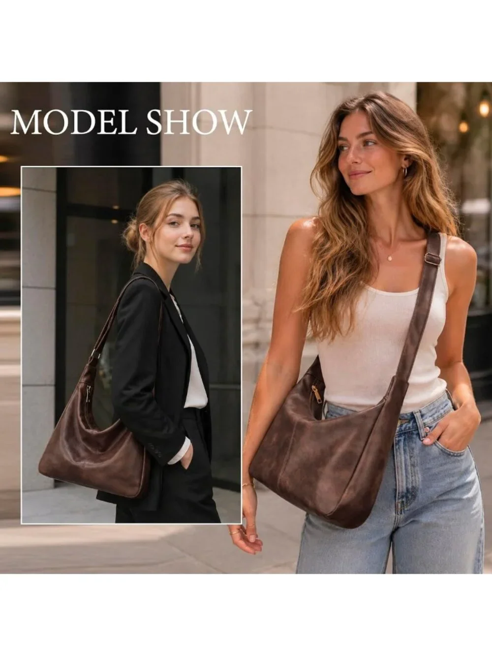 Soft Vegan Leather Slouchy Hobo Bag - Foldable Shoulder Tote Purse with Zipper